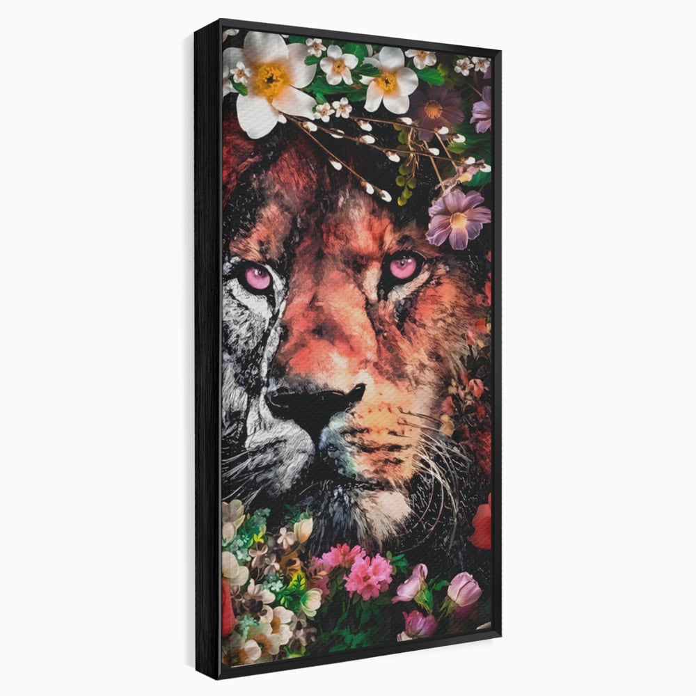 Tablou canvas cu tablou canvas cu cap de leu, in rama de aluminiu negru